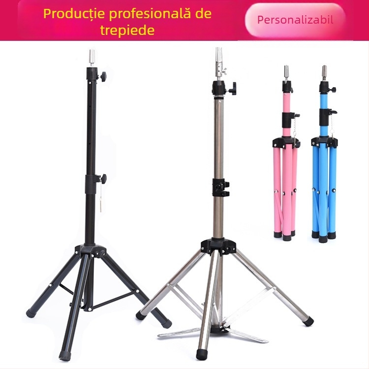 Cap de model pentru perucă cu bază de trepied – păr lung din mătase, bucle lungi cu breton, poate fi vopsit, sprijin pentru formarea capului