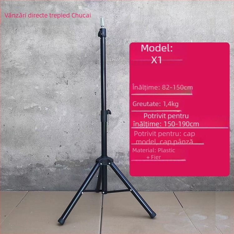 Cap de model pentru perucă cu bază de trepied – păr lung din mătase, bucle lungi cu breton, poate fi vopsit, sprijin pentru formarea capului