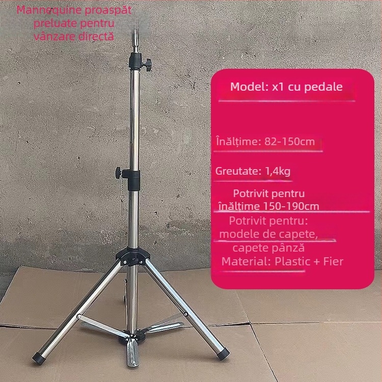 Cap de model pentru perucă cu bază de trepied – păr lung din mătase, bucle lungi cu breton, poate fi vopsit, sprijin pentru formarea capului