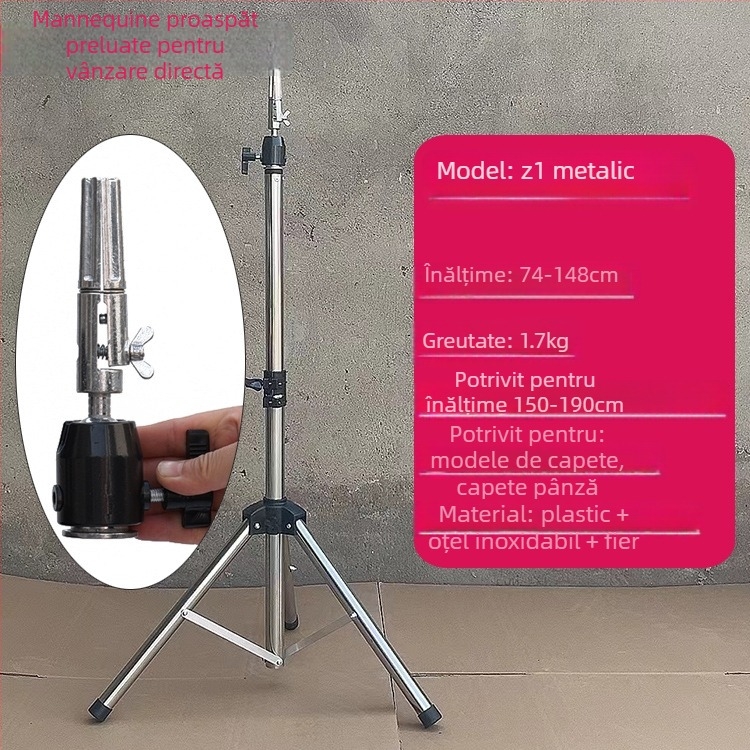 Cap de model pentru perucă cu bază de trepied – păr lung din mătase, bucle lungi cu breton, poate fi vopsit, sprijin pentru formarea capului