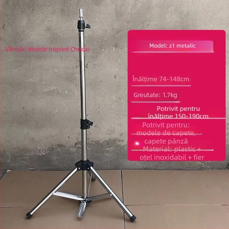 Cap de model pentru perucă cu bază de trepied – păr lung din mătase, bucle lungi cu breton, poate fi vopsit, sprijin pentru formarea capului