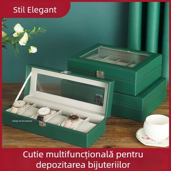 Cutie de bijuterii din lemn, dublu strat, cu 12 compartimente și fereastră deschisă pentru ceasuri și brățări