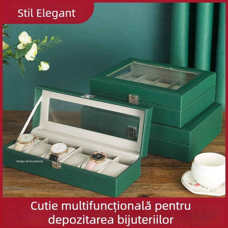 Cutie de bijuterii din lemn, dublu strat, cu 12 compartimente și fereastră deschisă pentru ceasuri și brățări