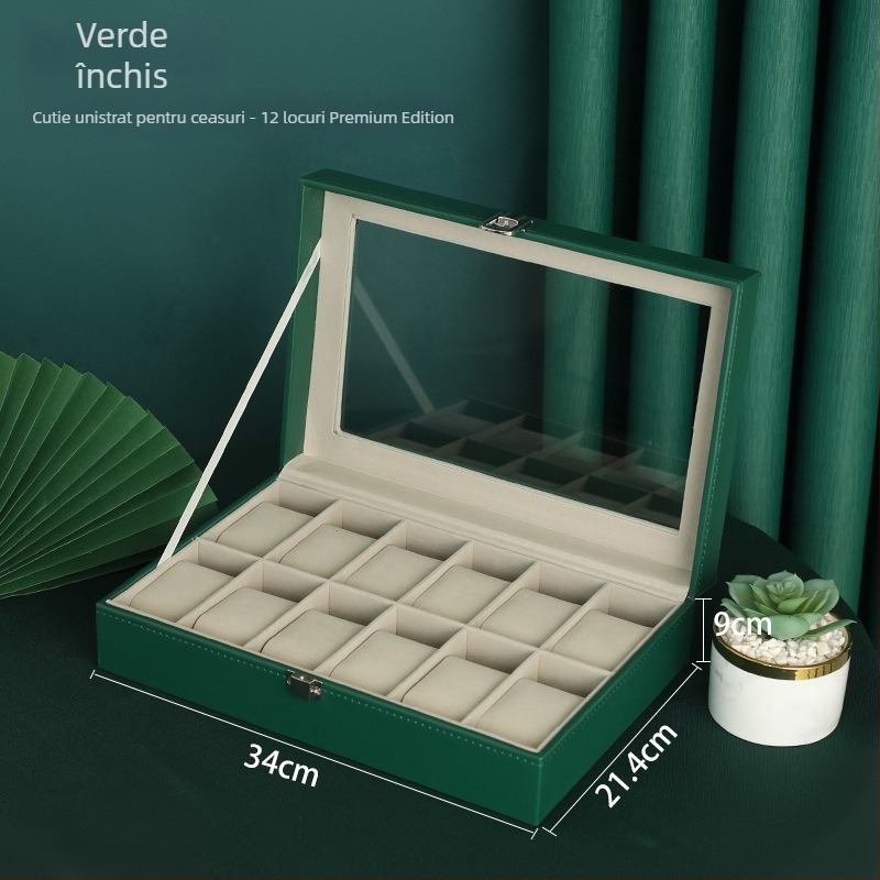 Cutie de bijuterii din lemn, dublu strat, cu 12 compartimente și fereastră deschisă pentru ceasuri și brățări