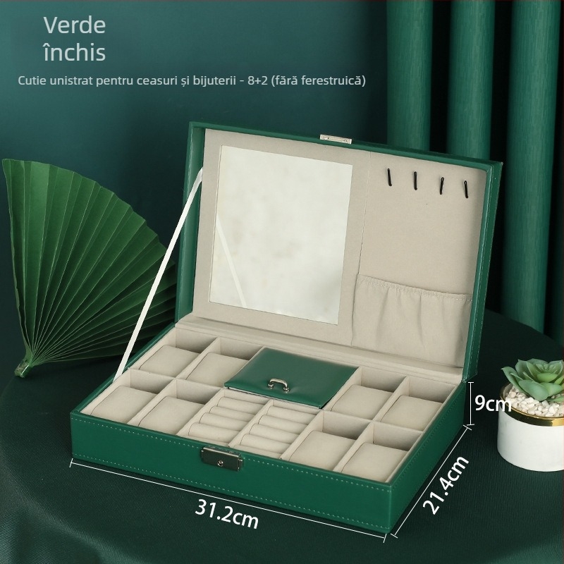 Cutie de bijuterii din lemn, dublu strat, cu 12 compartimente și fereastră deschisă pentru ceasuri și brățări