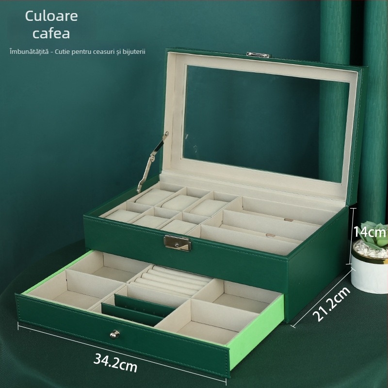 Cutie de bijuterii din lemn, dublu strat, cu 12 compartimente și fereastră deschisă pentru ceasuri și brățări
