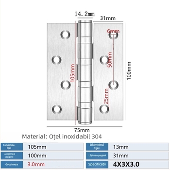 Balama din oțel inoxidabil 304, pliabilă pentru uși din lemn și mobilier, finisaj șlefuit, grosime 3 mm, model 3043, funcționare silențioasă