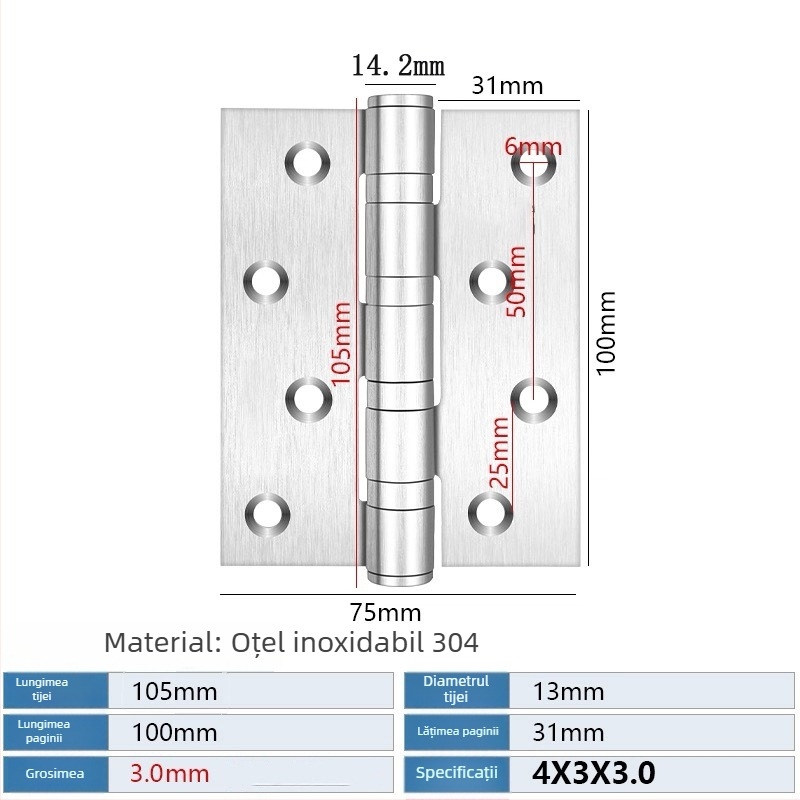 Balama din oțel inoxidabil 304, pliabilă pentru uși din lemn și mobilier, finisaj șlefuit, grosime 3 mm, model 3043, funcționare silențioasă