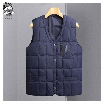 Vesta pentru bărbați din puf, guler în V, închidere cu nasturi pe un singur rând, țesătură poliester, umplutură din puf de gâscă alb, mai multe buzunare, potrivită pentru toamnă și iarnă