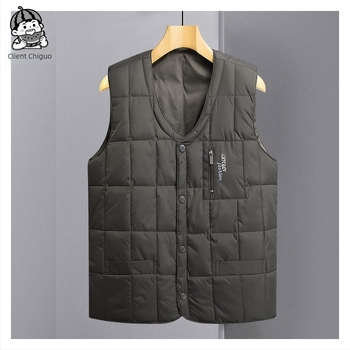 Vesta pentru bărbați din puf, guler în V, închidere cu nasturi pe un singur rând, țesătură poliester, umplutură din puf de gâscă alb, mai multe buzunare, potrivită pentru toamnă și iarnă