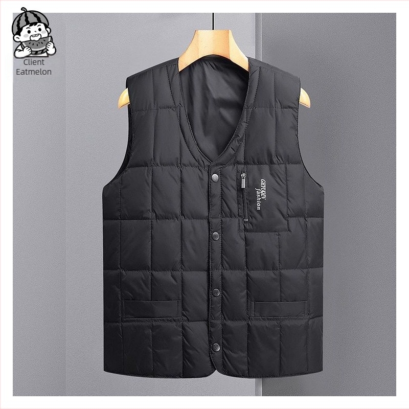 Vesta pentru bărbați din puf, guler în V, închidere cu nasturi pe un singur rând, țesătură poliester, umplutură din puf de gâscă alb, mai multe buzunare, potrivită pentru toamnă și iarnă