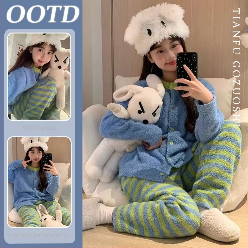 Set de pijamale pentru femei, din velur perlat, cu dungi contrastante, bluza cu guler rotund, mâneci lungi și pantaloni lungi, pentru iarnă/toamnă