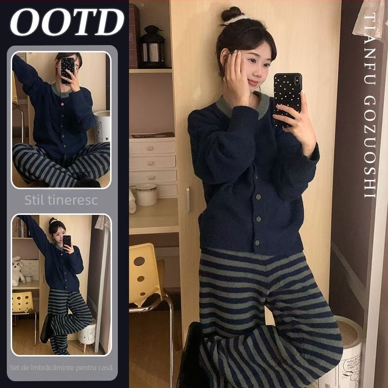 Set de pijamale pentru femei, din velur perlat, cu dungi contrastante, bluza cu guler rotund, mâneci lungi și pantaloni lungi, pentru iarnă/toamnă