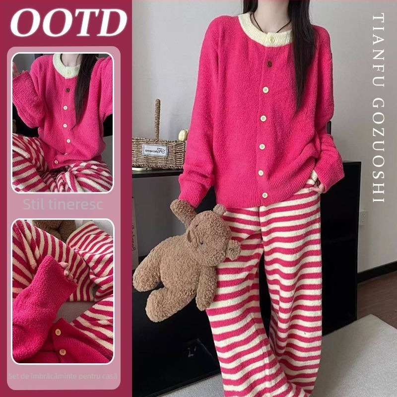 Set de pijamale pentru femei, din velur perlat, cu dungi contrastante, bluza cu guler rotund, mâneci lungi și pantaloni lungi, pentru iarnă/toamnă