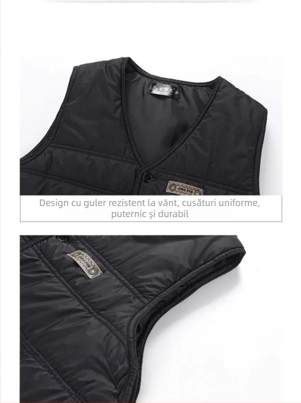 Vesta pentru bărbați cu umplutură din puf, căptușită cu fleece, decolteu în V, croială lejeră, trei buzunare tip patch