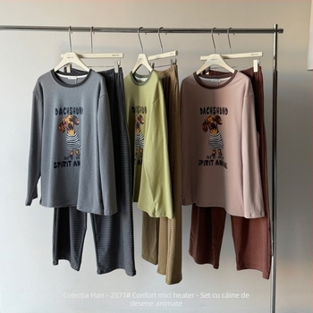 Set de pijamale în stil coreean cu imprimeu cu câine desenat, top pulover cu guler rotund și pantaloni lungi, poliester de greutate medie (181–200 g/m²), potrivit pentru iarnă, primăvară și toamnă