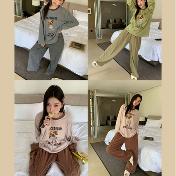 Set de pijamale în stil coreean cu imprimeu cu câine desenat, top pulover cu guler rotund și pantaloni lungi, poliester de greutate medie (181–200 g/m²), potrivit pentru iarnă, primăvară și toamnă