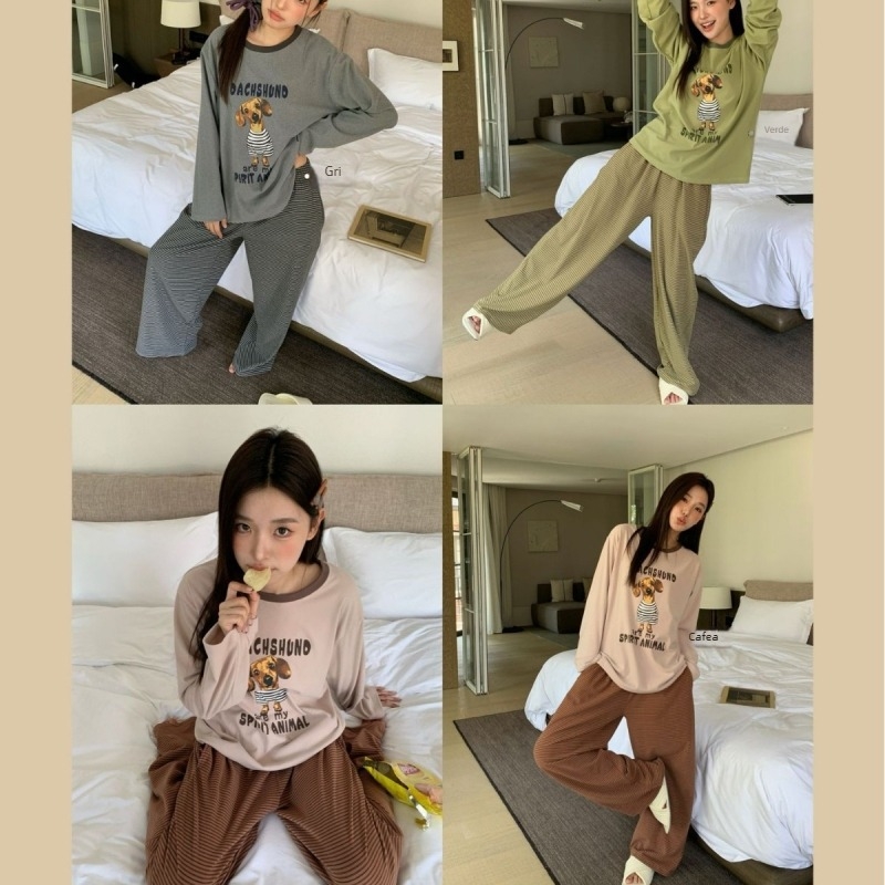 Set de pijamale în stil coreean cu imprimeu cu câine desenat, top pulover cu guler rotund și pantaloni lungi, poliester de greutate medie (181–200 g/m²), potrivit pentru iarnă, primăvară și toamnă