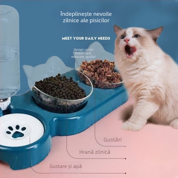 Vas pentru pisici cu două boluri, alimentator automat și adăpător