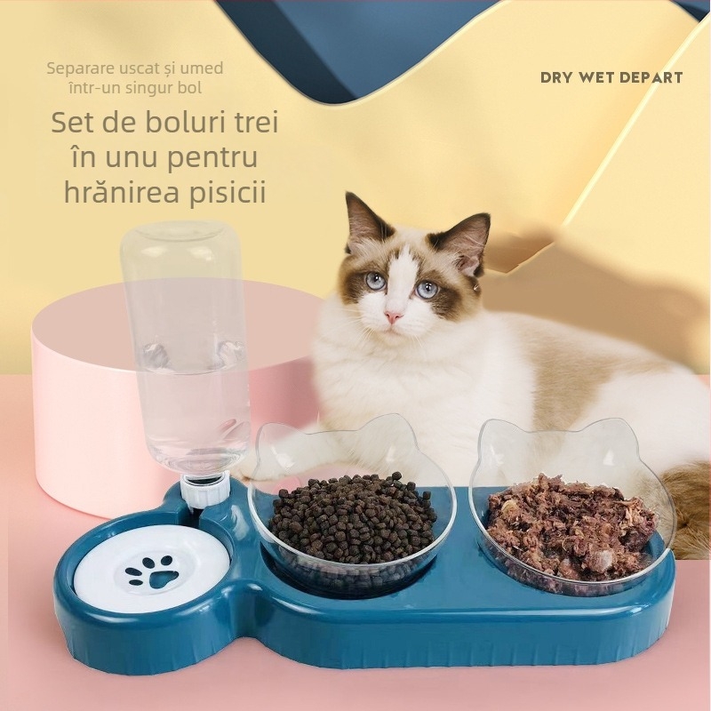 Vas pentru pisici cu două boluri, alimentator automat și adăpător
