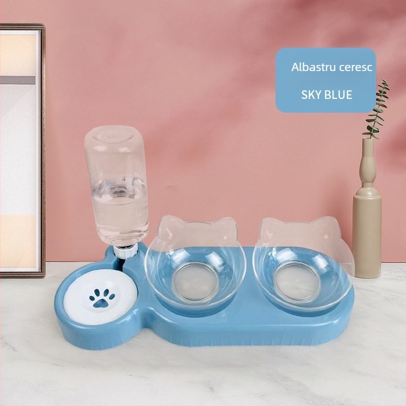 Vas pentru pisici cu două boluri, alimentator automat și adăpător