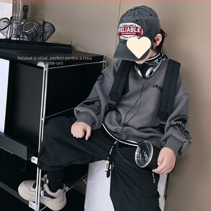 Pulover din fleece pentru băieți, guler rotund, iarnă hip-hop, mâneci lungi, material gros, tratament moale; material principal: blană de iepure