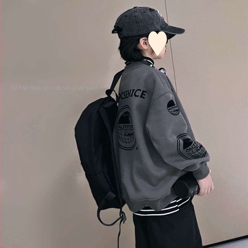 Pulover din fleece pentru băieți, guler rotund, iarnă hip-hop, mâneci lungi, material gros, tratament moale; material principal: blană de iepure