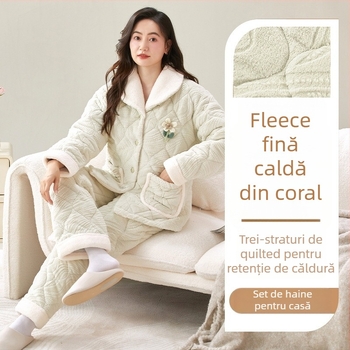 Set de pijamale din catifea coral, umplutură extra groasă, guler rever, mâneci lungi