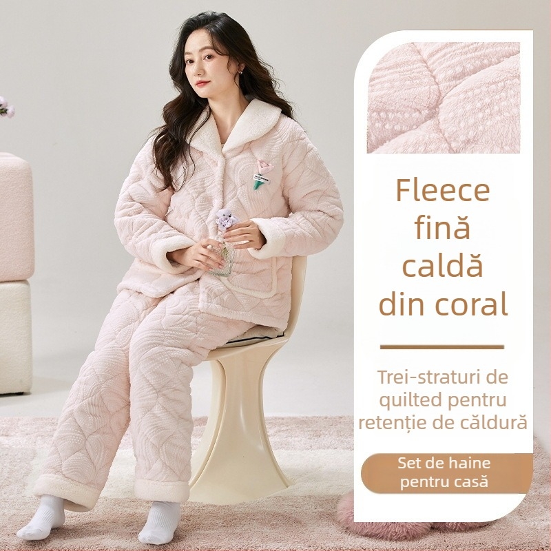 Set de pijamale din catifea coral, umplutură extra groasă, guler rever, mâneci lungi