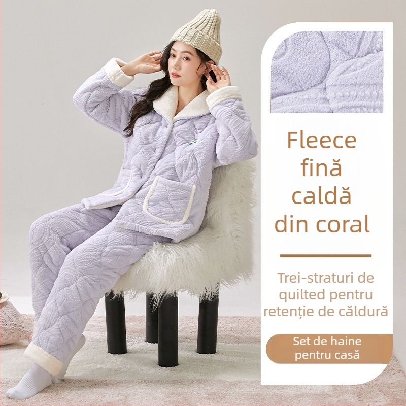 Set de pijamale din catifea coral, umplutură extra groasă, guler rever, mâneci lungi