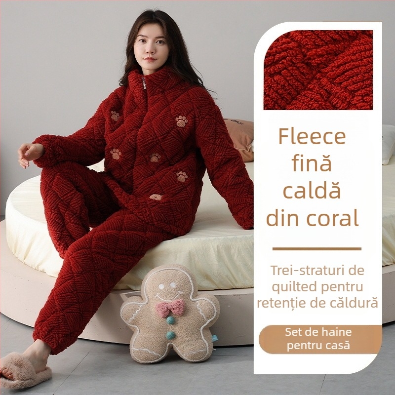Set de pijamale din catifea coral, umplutură extra groasă, guler rever, mâneci lungi