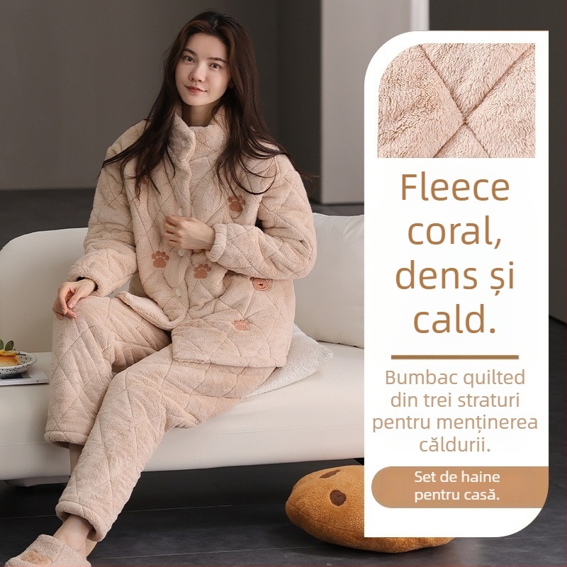 Set de pijamale din catifea coral, umplutură extra groasă, guler rever, mâneci lungi