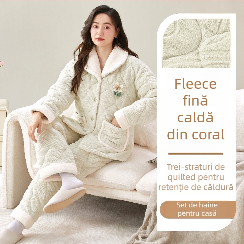 Set de pijamale din catifea coral, umplutură extra groasă, guler rever, mâneci lungi