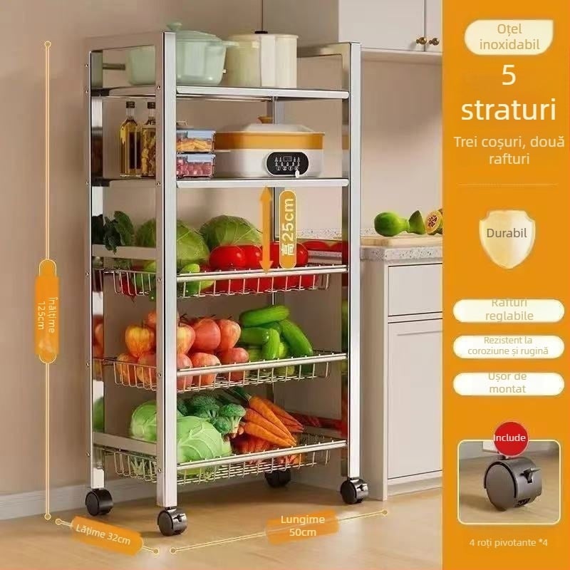 Raft de depozitare pentru bucătărie cu 6 etaje, staționar pe podea, multifuncțional, mobil pentru ustensile și gustări