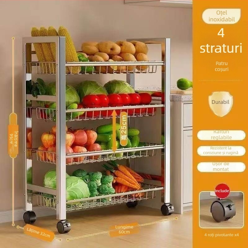 Raft de depozitare pentru bucătărie cu 6 etaje, staționar pe podea, multifuncțional, mobil pentru ustensile și gustări