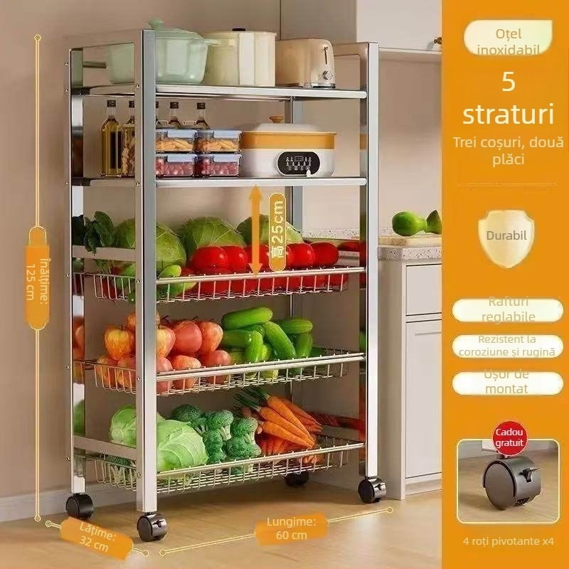 Raft de depozitare pentru bucătărie cu 6 etaje, staționar pe podea, multifuncțional, mobil pentru ustensile și gustări