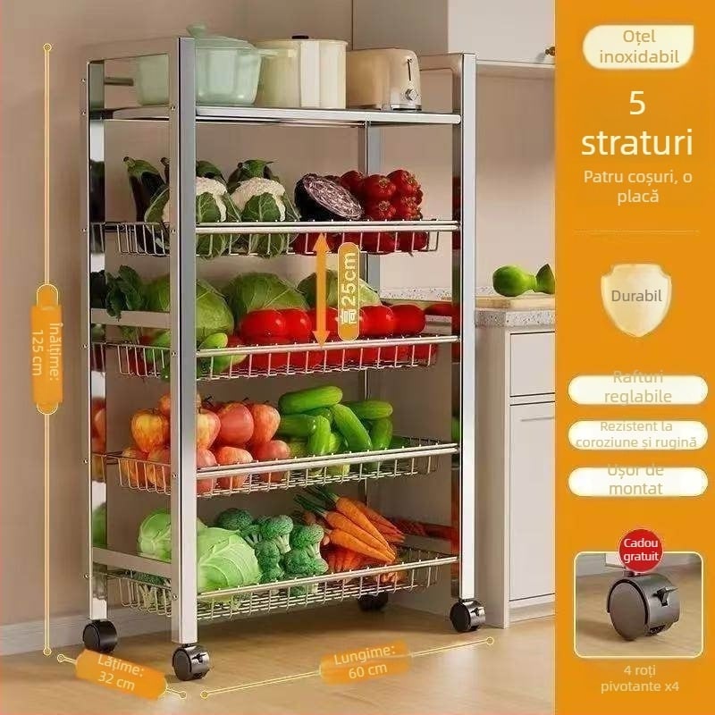 Raft de depozitare pentru bucătărie cu 6 etaje, staționar pe podea, multifuncțional, mobil pentru ustensile și gustări