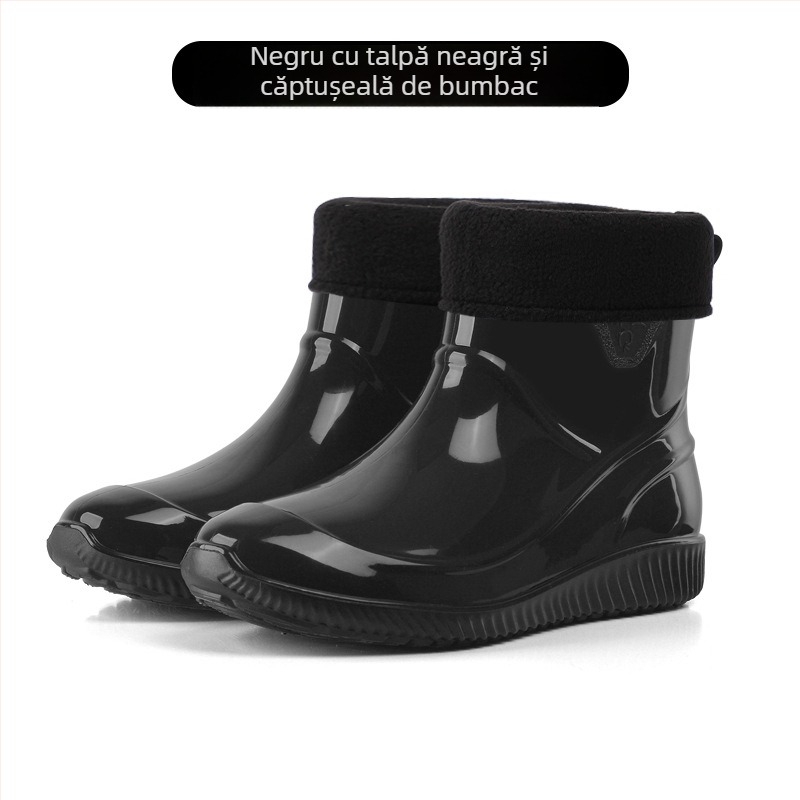 Pantofi de ploaie pentru bărbați din plastic, impermeabili, anti-derapare, rezistenți la uzură, căptușiți cu lână artificială pentru căldură, model scurt, pentru toate anotimpurile