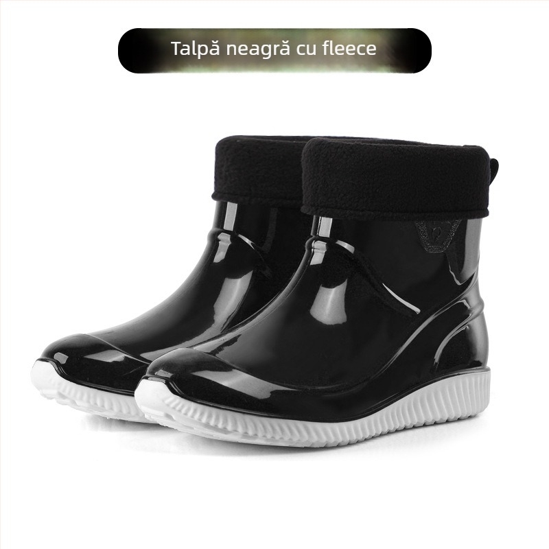 Pantofi de ploaie pentru bărbați din plastic, impermeabili, anti-derapare, rezistenți la uzură, căptușiți cu lână artificială pentru căldură, model scurt, pentru toate anotimpurile