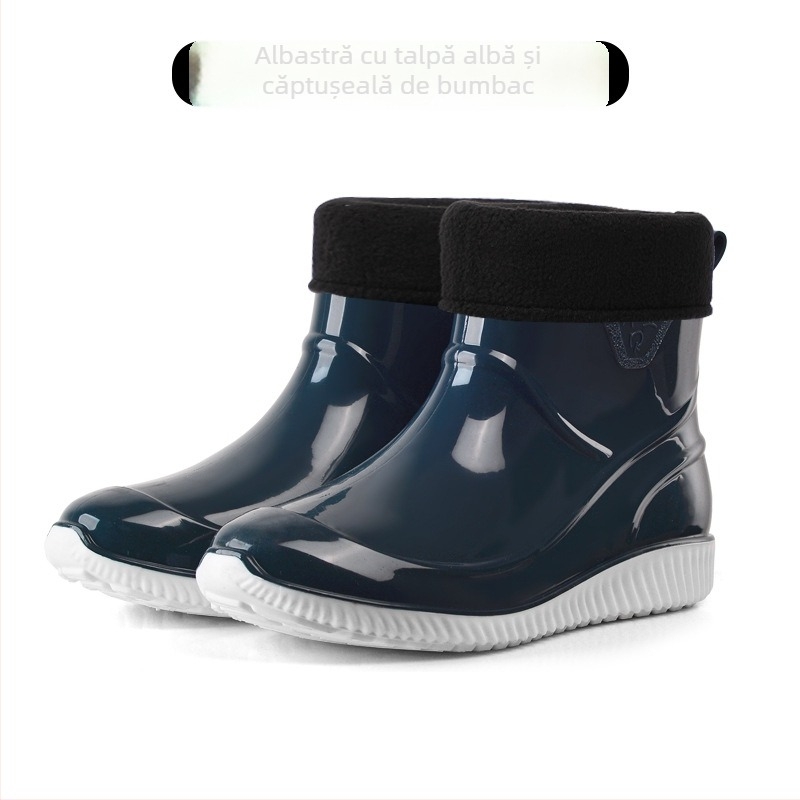 Pantofi de ploaie pentru bărbați din plastic, impermeabili, anti-derapare, rezistenți la uzură, căptușiți cu lână artificială pentru căldură, model scurt, pentru toate anotimpurile