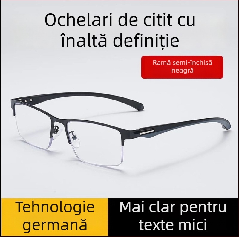 Ochelari de lectură, ramă semi-încadrată, stil pătrat, ramă din plastic cu elemente metalice, lentile PC