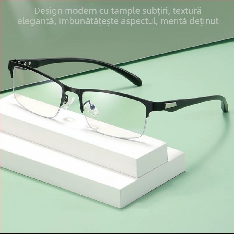 Ochelari de lectură, ramă semi-încadrată, stil pătrat, ramă din plastic cu elemente metalice, lentile PC