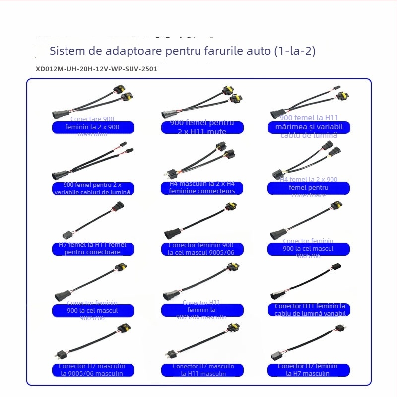 Cablu adaptor pentru faruri auto: 9006 femelă la dual 9006/9005 masculin, 12V, 35-55W, 9006 la capete duble, tipuri de becuri 9006/9005/9012