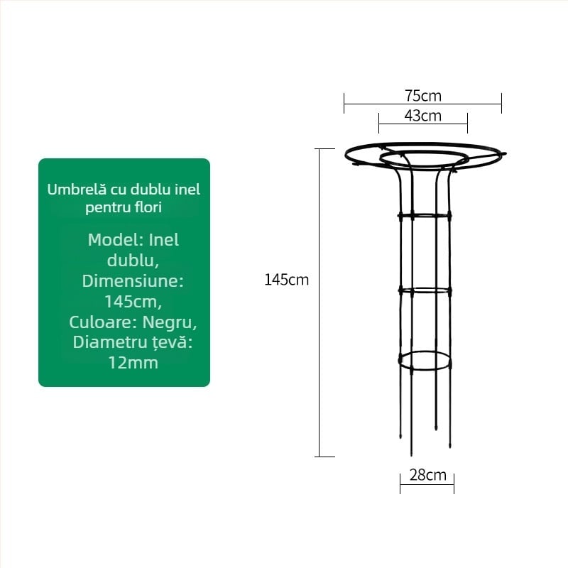 Suport de flori în formă de umbrelă pentru viță de vie și trandafiri cățărători, țeavă din oțel galvanizat cu strat de plastic, pentru exterior