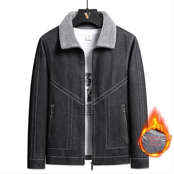 Geacă denim pentru bărbați, căptușită cu fleece, groasă, guler rever, închidere cu fermoar, stil urban