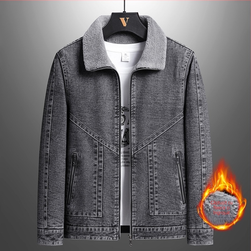 Geacă denim pentru bărbați, căptușită cu fleece, groasă, guler rever, închidere cu fermoar, stil urban