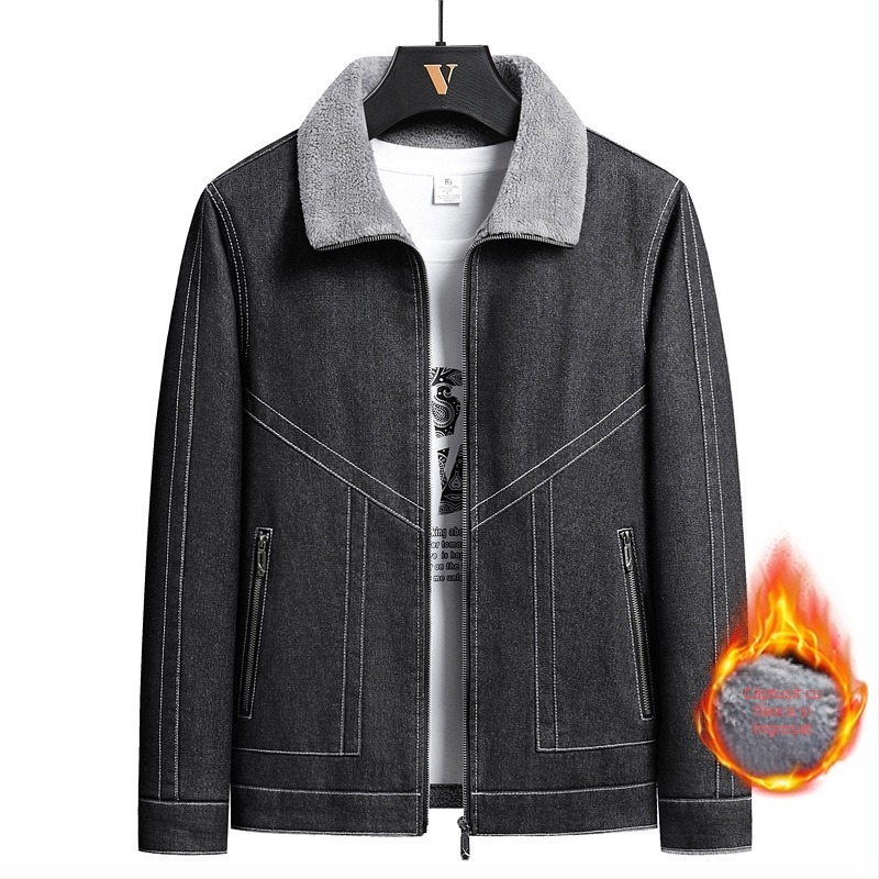 Geacă denim pentru bărbați, căptușită cu fleece, groasă, guler rever, închidere cu fermoar, stil urban