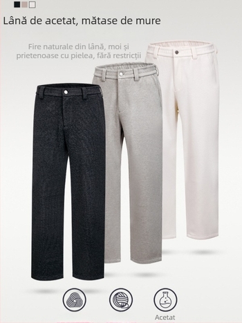 Pantaloni casual pentru bărbați, iarnă, din Mulberry silk acetate wool, groși, croială dreaptă, talie medie, închidere cu fermoar