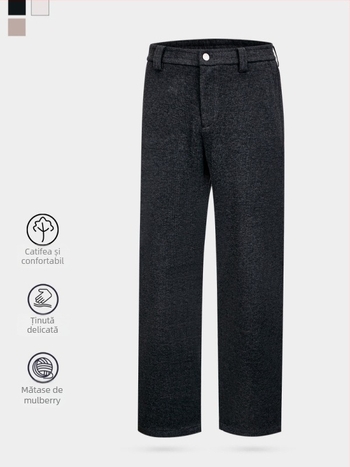 Pantaloni casual pentru bărbați, iarnă, din Mulberry silk acetate wool, groși, croială dreaptă, talie medie, închidere cu fermoar
