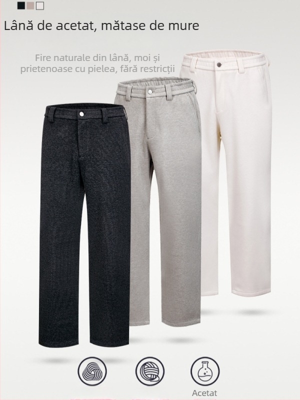 Pantaloni casual pentru bărbați, iarnă, din Mulberry silk acetate wool, groși, croială dreaptă, talie medie, închidere cu fermoar